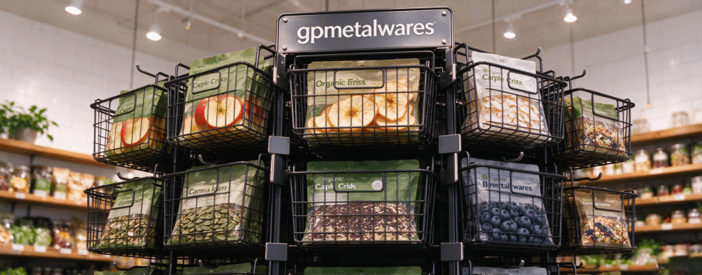 A black, multi-tiered stackable metal wire display rack filled with various organic snack packages like dried apple crisps, pumpkin seeds, and blueberries, situated in a well-lit healthy food retail store with wooden shelving in the background.