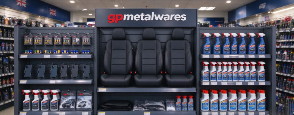 Custom powder-coated metal floor display rack for car accessories inside a British auto parts shop, neatly arranged with car care sprays, seat covers and small auto fittings, UK retail showroom interior