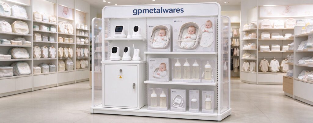 Organized baby safety retail floor with metal display fixtures in a UK store.