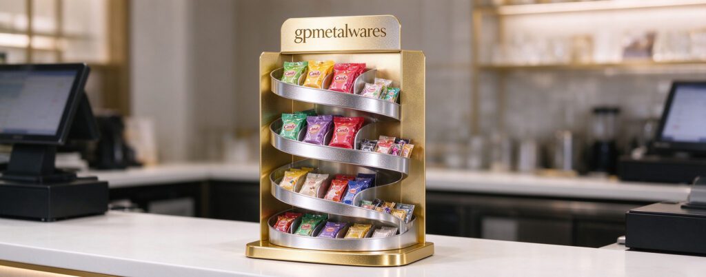 Candy spiral metal counter display at retail checkout lane