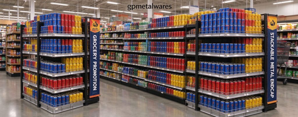 Stackable metal endcap display rack for canned energy drink grocery promotion