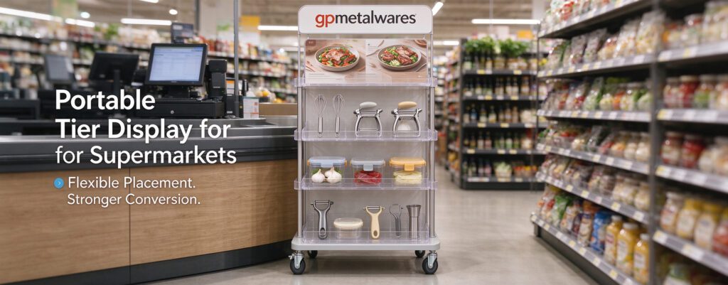 A portable, multi-tier acrylic and metal display stand with wheels positioned near a supermarket checkout counter, showcasing kitchen gadgets like peelers, whisks, and food storage containers in a modern grocery store aisle.