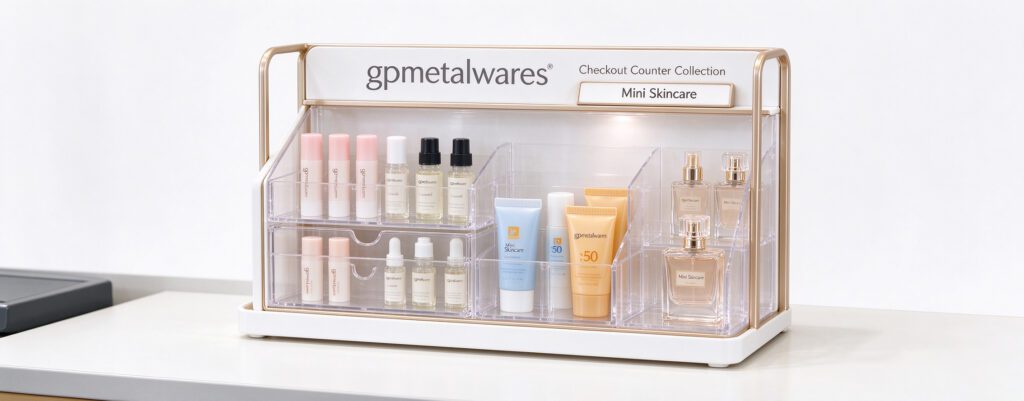 Travel size cosmetic small counter display for convenience retail, tabletop POS stand with clear acrylic compartments for mini skincare and travel cosmetic products, checkout counter merchandising fixture for Taiwan convenience store retail